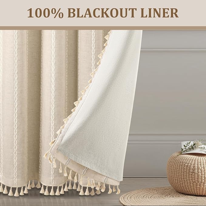 Boho Blackout Curtains 96 Inches Long Beige Linen Blend 2 Panels - Image 2