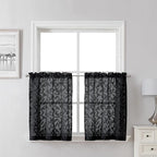 Lecloud Leia Black Kitchen Sheer Curtains 24 Inch 2 Pcs, Jacquard Leaf Textured by Lecloud