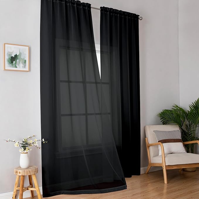 Simplebrand Black Sheer Curtains 96 Inches Long, Light Filtering Rod Pocket by Simplebrand