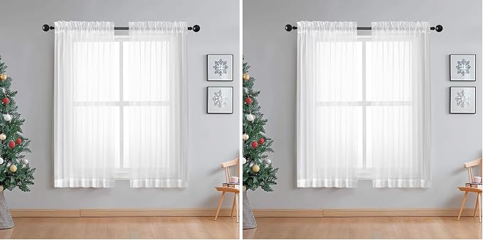 OWENIE Sheer White Curtains Living Room 54 inches Long, Rod Pocket Curtain by OWENIE