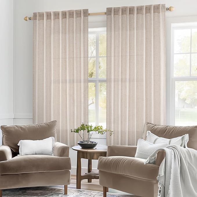 MIULEE Natural White Linen Curtains 64 Inch Length 2 Panels - Image 2