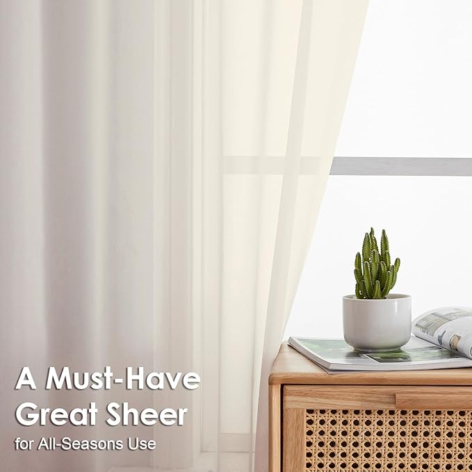 OVZME Cream Sheer Curtains 108 Inches Long 2 Panels - Image 3