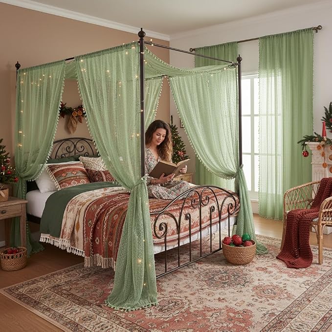 WAZZIO Boho Lace Curtains 84 Inches 2 Panel, Light Filtering Privacy Tassel & - Image 3