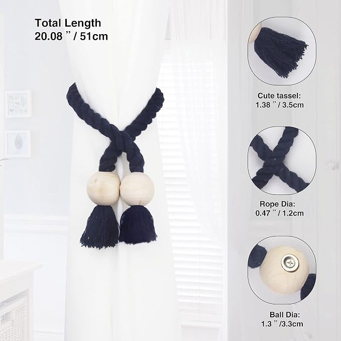 6 Pack Magnetic Curtain Tiebacks Cotton Hand Woven Tie Back Decorative Rope - Image 3
