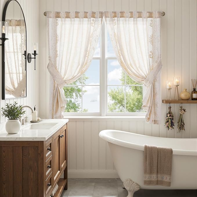 jinchan Belrose Linen Floral Cafe Curtains 54 Inch Length Embroidered Farmhouse - Image 9