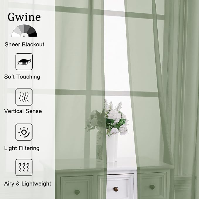 Gwine Sage Green Sheer Curtains 96 Inches Long 2 Panels, Elegant Window - Image 2