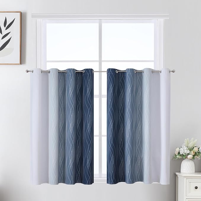 Estelar Textiler Navy Blue and Greyish White Ombre Short Blackout Cafe Curtains - Image 2