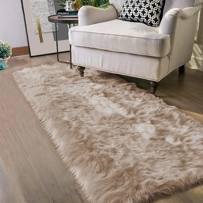 Latepis Brown Beige Faux Sheepskin Fur 2x8 Runner Rug by Latepis
