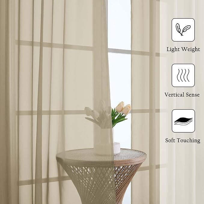 Lecloud Taupe Sheer Curtains 63 Inch Length 2 Pcs, Light Filtering Rod Pockets - Image 5
