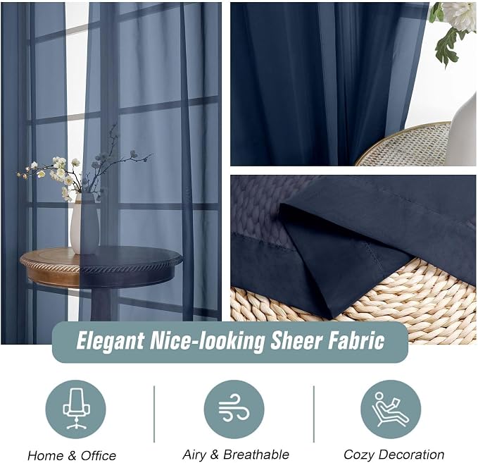 Navy Blue Sheer Curtains for Window 72 inches Long 2 Panels Set, Soft Airy - Image 4