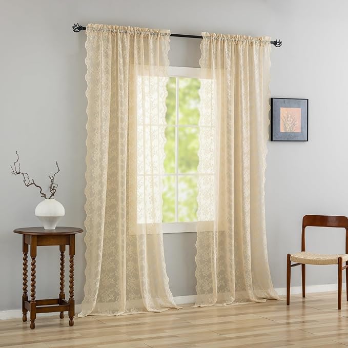 YJ YANJUN Vintage Lace Curtains 72 Inches Long-Victorian Flower Beige Voile - Image 3