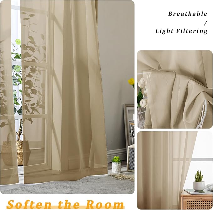 Gwine Taupe Sheer Curtains for Living Room 45 inches Long, Short Voile Light - Image 3