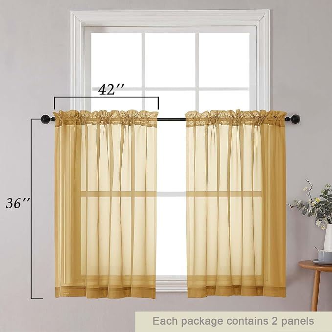 Cafe Curtains 36 Inch Length Tier 2 Pieces, Modern Soft Airy Sheer Kitchen - Image 2