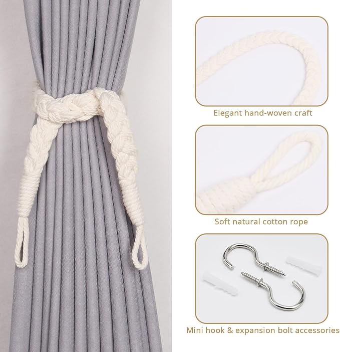 NICEEC 4 Pack Natural Cotton Rope Curtain Tiebacks Elegant Boho Style - Image 2