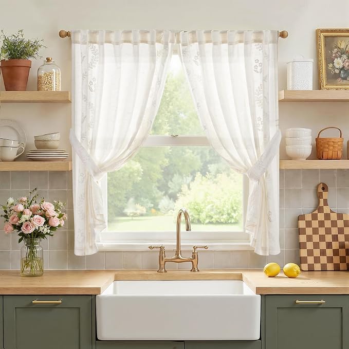 jinchan Belrose Linen Floral Cafe Curtains 45 Inch Length Embroidered Farmhouse by JINCHAN