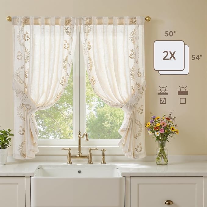 jinchan Belrose Linen Floral Cafe Curtains 54 Inch Length Embroidered Farmhouse - Image 5