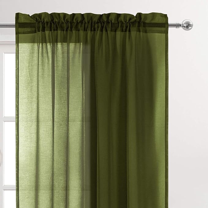 DWCN Olive Green Sheer Curtains Semi Transparent Voile Rod Pocket Curtains - Image 3