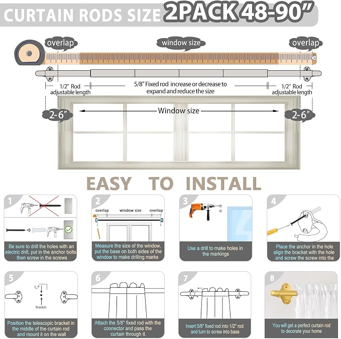 TVWOO Gold Wrap Around Curtain Rods 2 Pack:Small Blackout Adjustable Window - Image 7