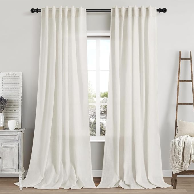 Cream Linen Curtains 96 Inches Long 2 Panels Set Back Tab Rod Pocket Semi Sheer by Nanspring