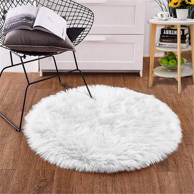 Goolela White Round Rug 3ft Fluffy Faux Sheepskin Fur Rug Small Circle Fuzzy - Image 2