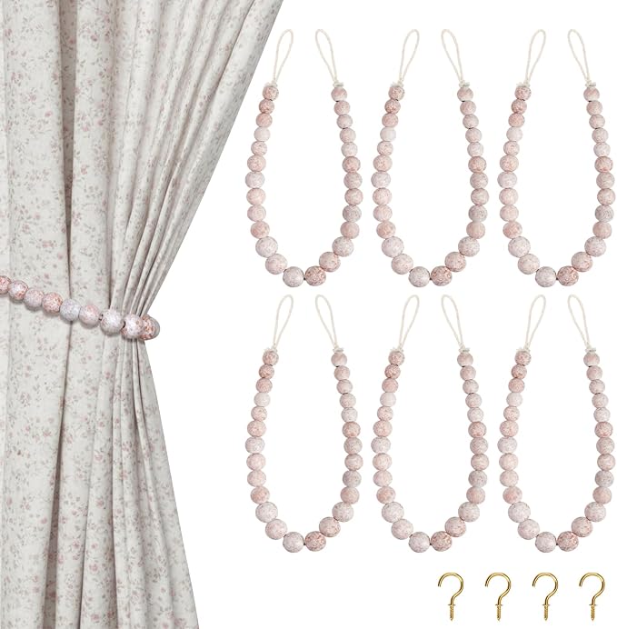 Hion 6 Pcs Boho Curtain Tiebacks, Wood Beads Curtain Holdbacks, Outdoor by Hion