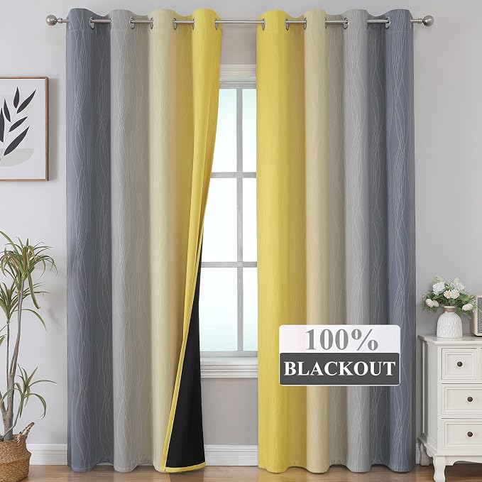 Estelar Textiler Yellow and Grey Blackout Curtains 108 Inches Long, Thermal - Image 2