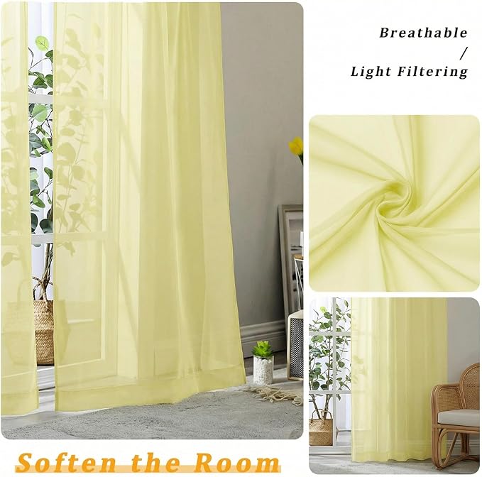 Gwine Light Yellow Sheer Curtains 72 Inches Long 2 Panels Set, Light Filtering - Image 5