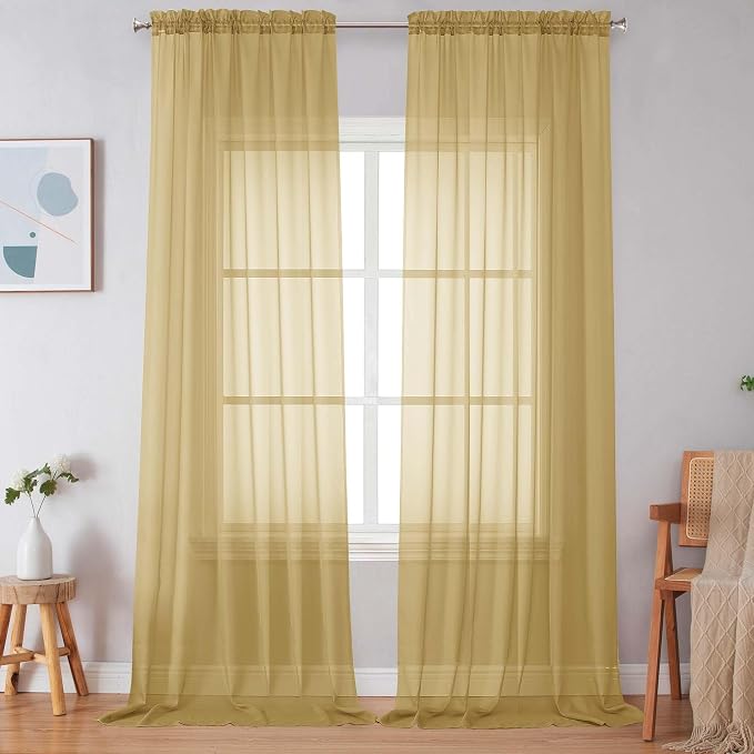 Simplebrand Gold Sheer Curtains 120 Inches Long, Extra Long Rod Pocket Solid by Simplebrand