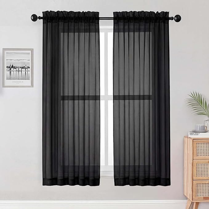 OWENIE Black Sheer Curtains 68 Inch Length 2 Panels Set by OWENIE