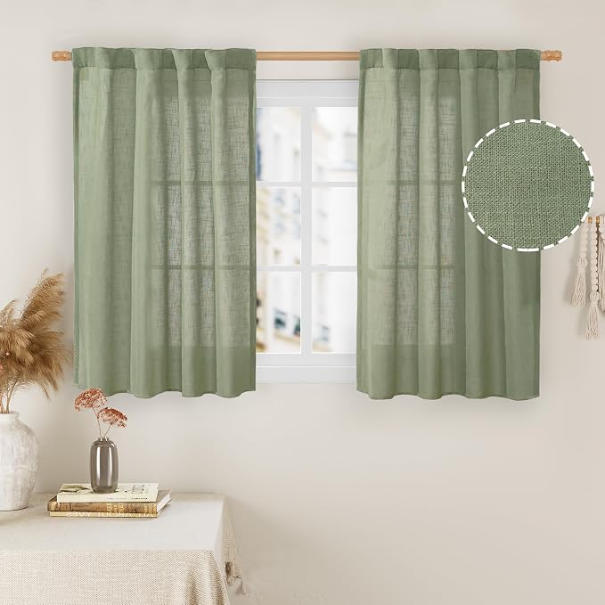 LAMIT Kitchen Linen Curtains 40 Inch Length 2 Panels, Sage Green Semi Sheer by LAMIT