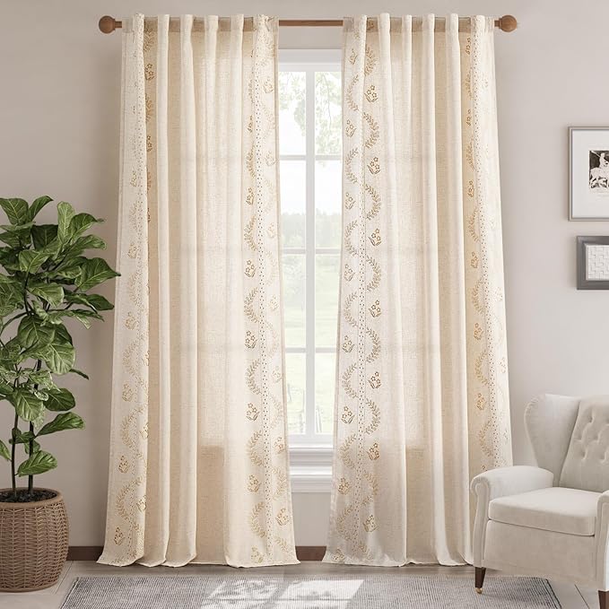 jinchan Belrose Linen Curtains for Bedroom Floral Curtains 96 Inch Length Linen - Image 2