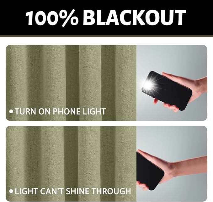 Yakamok Sage Green Linen Curtains 100% Blackout 72 Inches Long, Room Darkening - Image 2