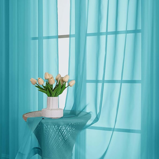 OVZME Turquoise Sheer Curtains 72 Inches Long 2 Panels Set, Light Filtering - Image 6