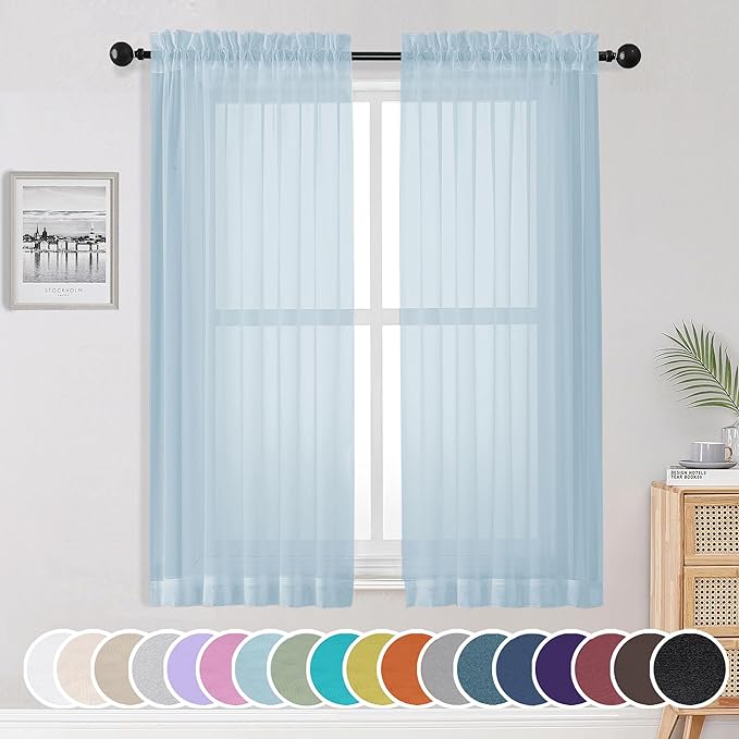 OWENIE Sheer Curtains 63 inch Length 2 Panels Set, Light Weight Soft Solid by OWENIE