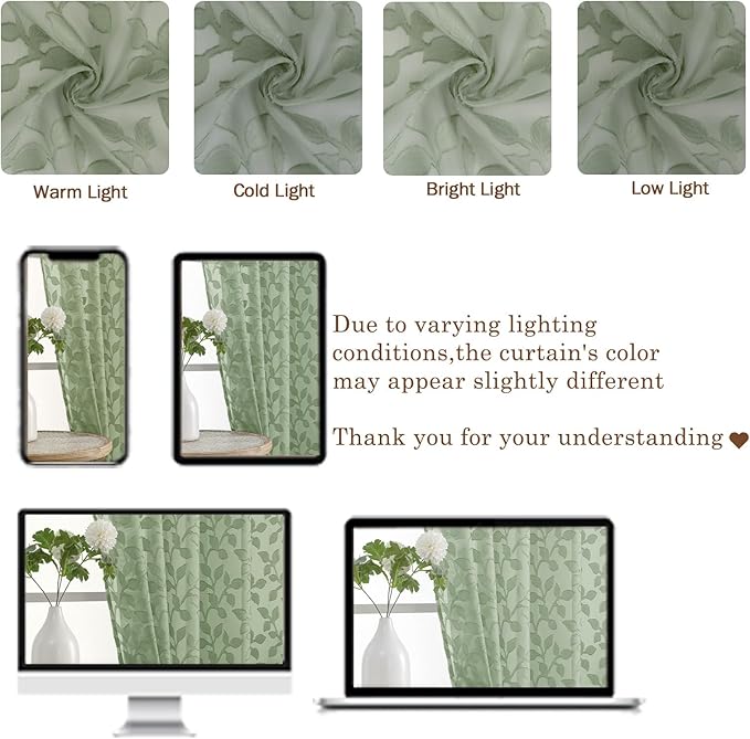 Chyhomenyc Sage Green Sheer Curtains 30 Inch Length, Light Filtering Leaf - Image 3