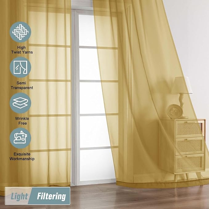 Gold Sheer Curtains for Window 96 Inches Long 2 Panels Set, Soft Airy Light - Image 5