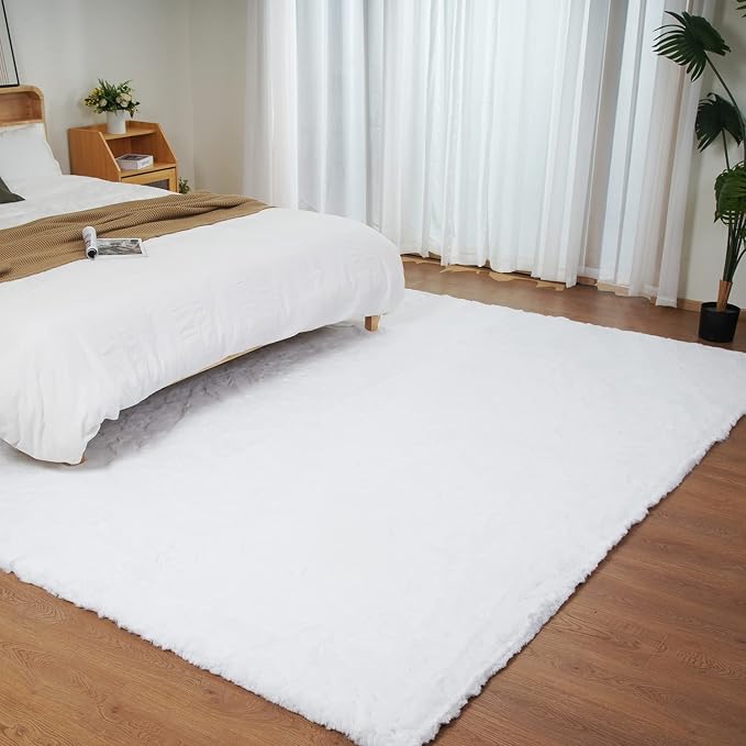 Ghouse White 8x10 Area Rug Fluffy Faux Rabbit Fur Rug White Plush Shag Rug by Ghouse