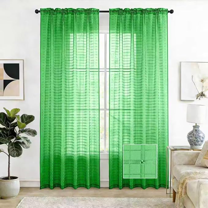 SpaceDresser Check Sheer Curtains 84 Inches 2 Panels Set, Rod Pocket Plaid by SpaceDresser