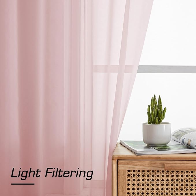 Simplebrand Blush Sheer Curtains 63 Inch Length 2 Panels, Rod Pocket Solid - Image 2
