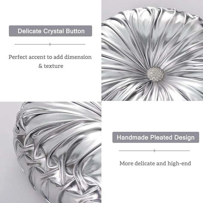 HIG Set of 2 Handcrafted Silver Ruched Round Throw Pillows – 14.5’’ Metallic - Image 4