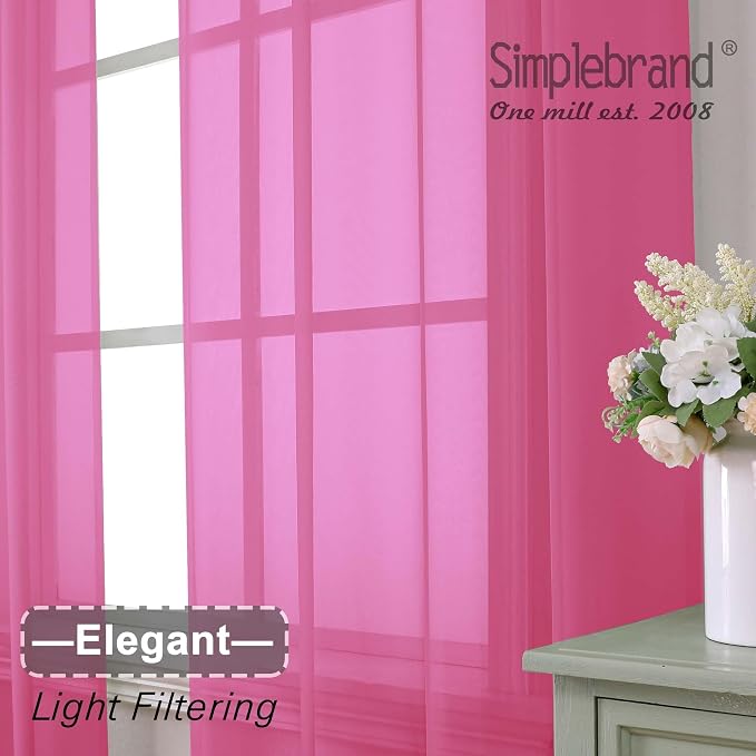 Simplebrand Hot Pink Sheer Curtains 63 Inch Length 2 Panels, Rod Pocket Solid - Image 3
