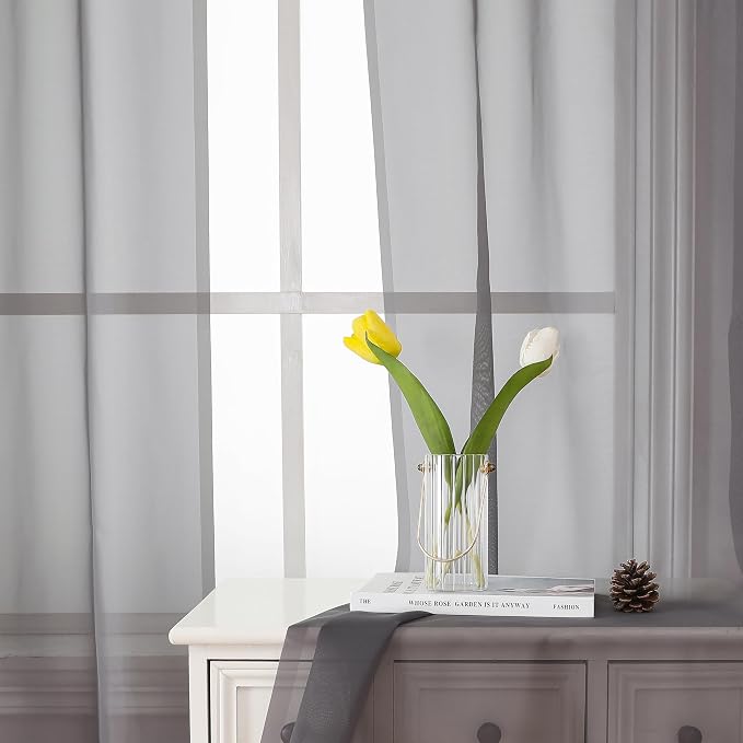 Lecloud Grey Sheer Curtains 63 Inch Long 2 Panels, Elegant Voile Drapes - Image 9