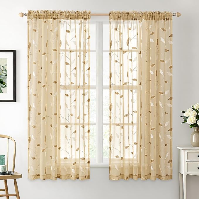 MIULEE Khaki Sheer Curtains 2 Panels Embroidered Leaf Patterned Rod Pocket by MIULEE