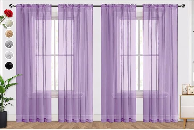 SpaceDresser Lavender Sheer Curtains 4 Panels Rod Pocket Semi-Sheer Curtain 45 by SpaceDresser