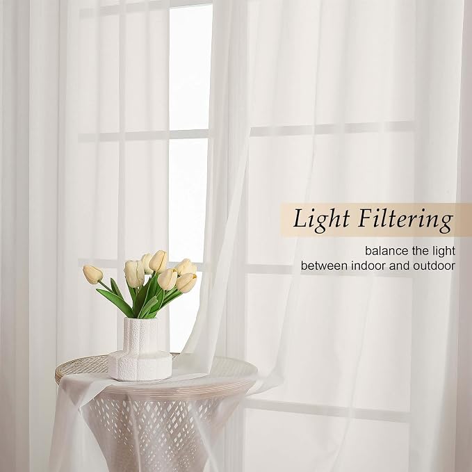 Sheer Ivory Curtains for Bedroom Living Room 90 Inches Long 2 Panels Set - Image 2