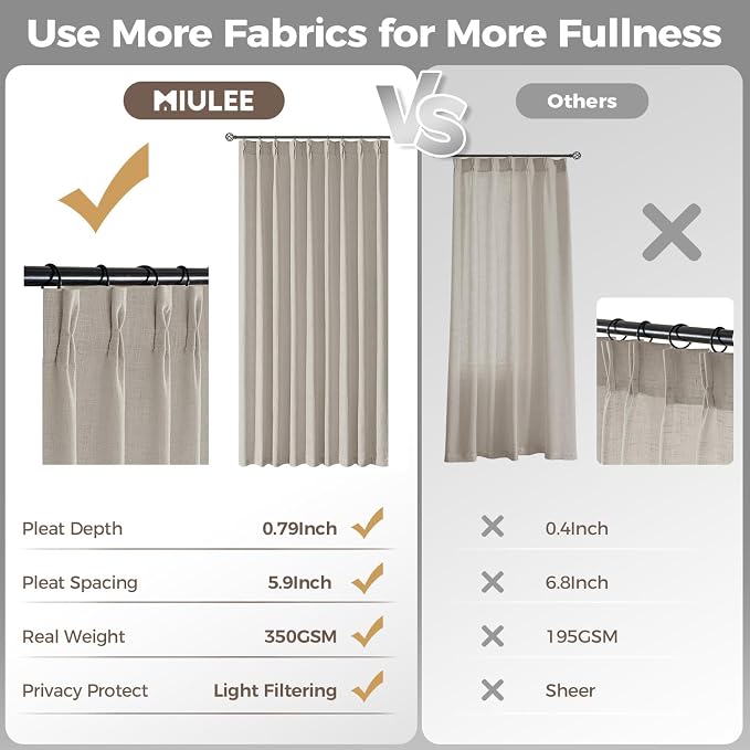 MIULEE Pinch Pleated Thick Linen Curtains 84 Inches Long 2 Panels - Image 6