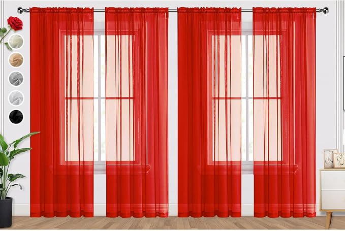 SpaceDresser Sheer Red Curtains 4 Panels Rod Pocket Semi-Sheer Curtain 96 by SpaceDresser