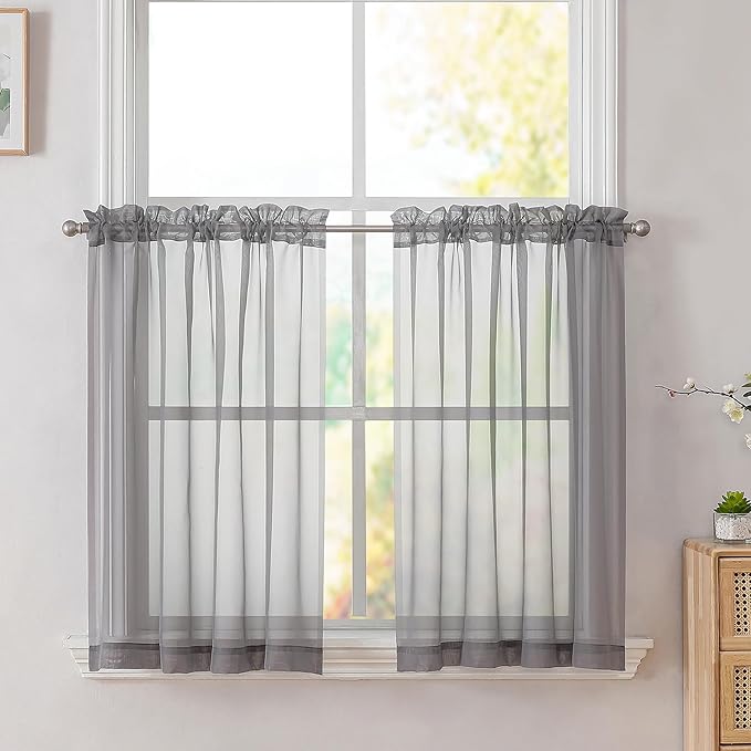 Simplebrand Grey Short Sheer Kitchen Tier Curtains 36/42 Inch Rod Pocket Cafe by Simplebrand