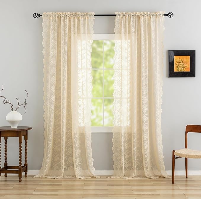 YJ YANJUN Vintage Lace Curtains 102 Inch Long-Victorian Floral Pattern Beige by YJYANJUN