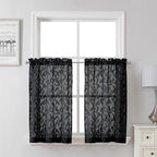 Lecloud Leia Black Sheer Kitchen Curtains 30 Inch Length 2 Pcs, Leaf Textured by Lecloud
